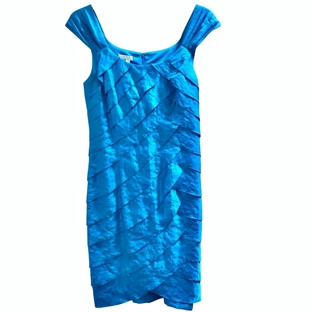 London Times Sheath Dress Size 12 Aqua Ruffle Tiered Cocktail Elegant Sleeveless